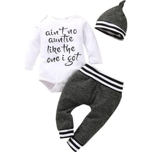 2021 0-18M Infant Boy Clothing Set Letter Print Long Sleeve Romper+Striped Cotton Long Pants+Hat Spring Fall Outfits 3pcs