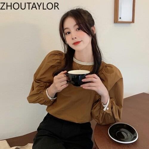 ZHOUTAYLOR Women Shirts Fashion O-Neck Office Lady Solid Straight Blouses Female Nine Quarter Puff Sleeve Autumn Tops Femme