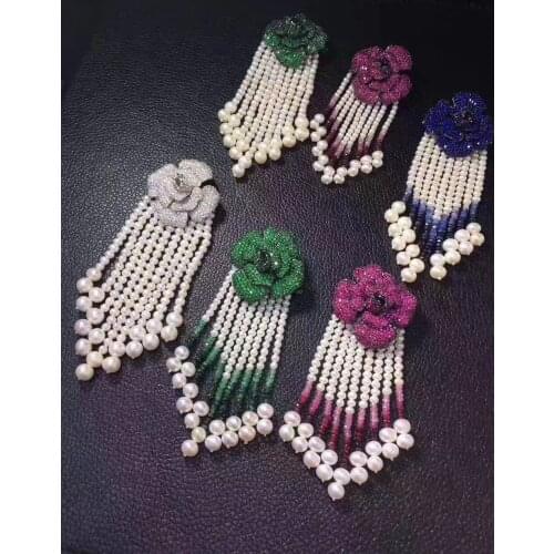 Natural fresh water pearl tassels brooch pins 925 sterling silver with cubic zircon flower Cute romantic fashion women jewelry