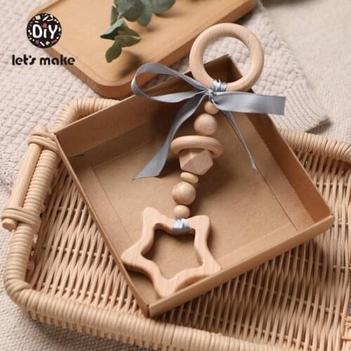 Lets Make Baby Toys 0-12 Months Wooden Rattles For Children 1pc Educational Toys Beech Animal Teether Elephant Ribbon Bed Bell