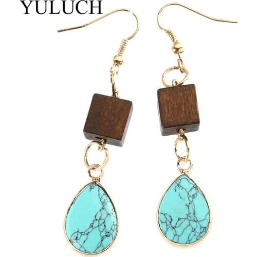 YULUCH wood natural stone lapis lazuli long drop dangle earrings eardrop for women gifts elegant jewelry 2017 new 4 color