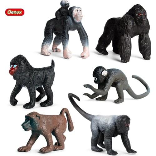Oenux 6pcs Wild Animals Model Orangutan Chimpanzee Gorilla Gibbon Monkey Action Figures Collection Miniature Education Toys Gift