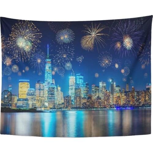 Tapestry Blue Party Colorful Fireworks Above New York City Cityscape Celebrating Years Eve Aerial Tapestries Wall Hanging