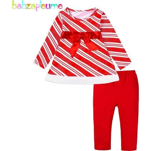 2Piece Baby Girls Fall Outfits Cute Stripe Long Sleeve Bow Red T-shirt+Pants Kids Clothing Set Toddler Christmas Clothes 1966