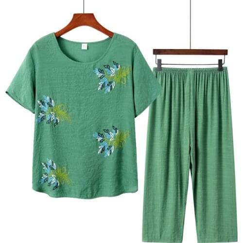 Middle-Aged Elderly Ladies Suits Summer Suit Cotton Linen Short Sleeve Top + Pants 2 Pcs Sets Summer Clothes Elegant Home Servic