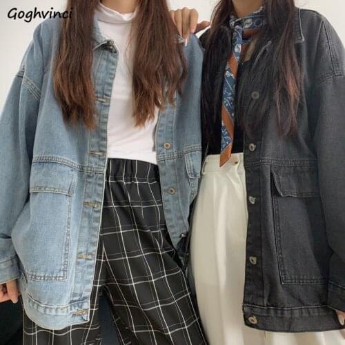 Basic Jackets Women Solid Turn-down Collar Single Breasted Pockets Denim Korean Style Unisex Cool Hip Hop Simple Casual Loose