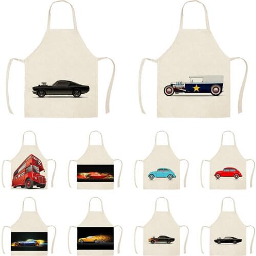 Cartoon Car Cotton Linen Kitchen Aprons for Women Bibs Household Cleaning Accessories Cooking Apron WQTX44