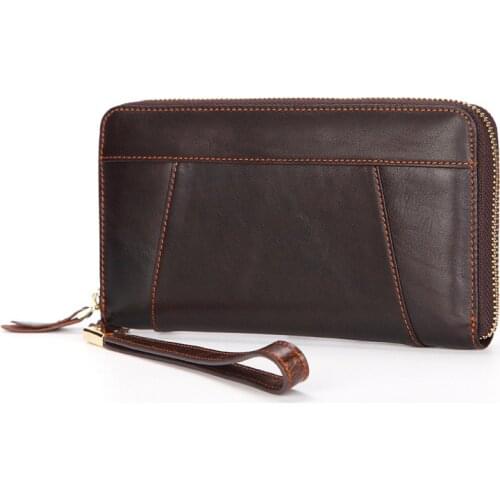 Genuine Leather Mens Purses Brand Designer Men Clutch Wallet Long Retro Oil Wax Leather Money Bag Male Card Holder Coin Wallet