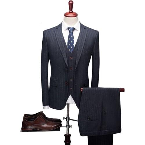 Top Quality Brand Men Suits Gray/Black Stripe Mens Blazer Slim Fit Wedding Male Groom Tuxedos Business Suit Prom 3 Pieces