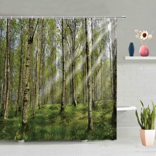 Autumn Natural Scenery Shower Curtain Forest Bamboo Plants Bathroom Decoration Bath Curtains Washable With Hooks Set Home Decor