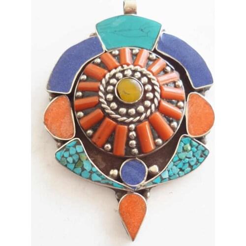 Genuine Tibetan Jewelry Copper Inlaid Colorful Stone Big Pendants TBP527