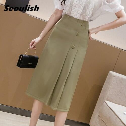 Seoulish Spring Summer 2021 New Work Wear Womens Pleated Midi Skirt Korean OL Style High Waist Button A-Line Wrap Skirts Female