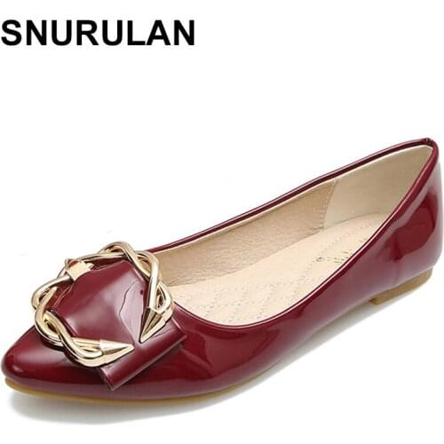 SNURULAN Zapatos de mujer metal buckle flats woman patent leather metal decoration flat shoes pointed espadrilles loafers women