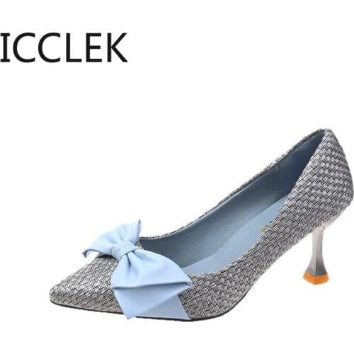 Butterfly-Knot Pointed Toe Pumps Women Fashion High Heels Shoes Slip on Shallow Weave Mixed Color Zapatos De Mujer