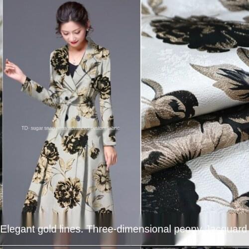 Vintage ladies gold silk three-dimensional peony yarn-dyed jacquard fabric, sewing fabric factory shop is not out of stock