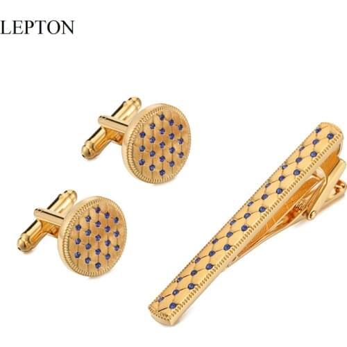 Hot Sale Gold Color Cufflinks Tie Clips Sets Lepton Low-key Luxury Crystal Tie Bar for Men Cufflink and Tie Clip Set Best Gift