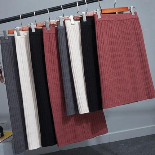 Women black Pencil Skirts Autumn Winter Casual Knitted Skirts vintage High Waist A-Line Skirts Female