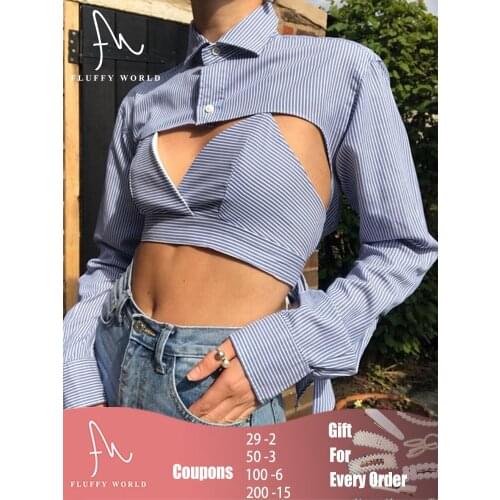 Women 2 Piece Set Shirt Sexy Hollow Out Turn-Down Collar Long Sleeve T-Shirt Cropped Camis Irregular Blue Striped Shirt Hollow