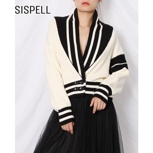 SISPELL Hit Colot Stripes For Female Knitted Sweater Coat Deep V Neck Long Sleeve Loose Womens Casual Coat 2020 Fahion Autumn