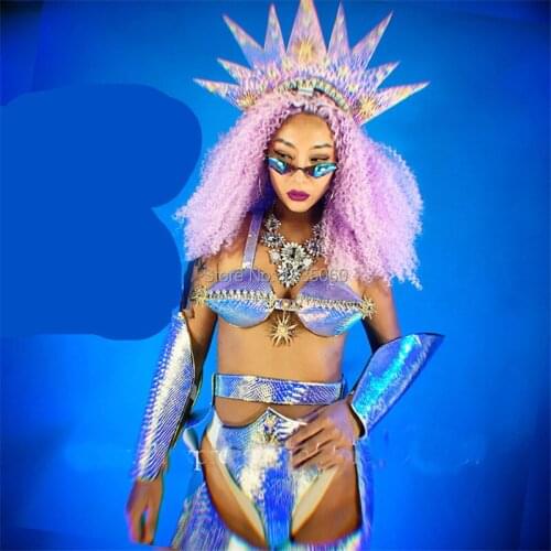 Laser mirror female bodysuit bar models performance wears sexy dress clothe prom dance costumes dj show outfit Mermaid bra