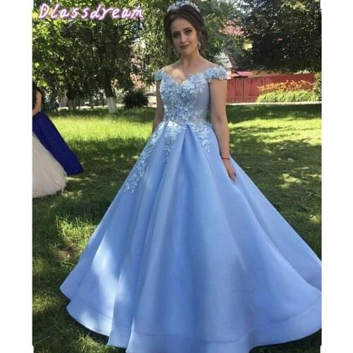 Light Blue Prom Dresses 2020 Women Formal Party Night Long Vestidos De Gala Off Shoulder Evening Dress Elegant Satin Prom Gowns