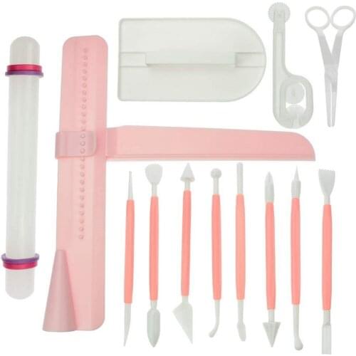 SET OF 13 Fondant Cake Decorating Tool Scraper Icing Smoother Rolling Pin Trimmer Cutter Embosser Flower Scissor for Sugarcraft
