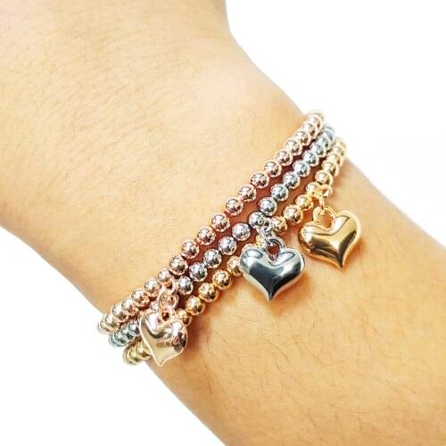 3 Pcs/Set Heart Charm Bracelets & Bangles Rose Gold Silvery Beads Handmade Strand Bracelets For Women Trendy Jewellery Gift 2021