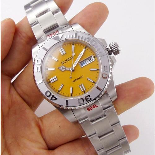 Sapphire Mens Automatic Watch Japan NH36 Movement Day/Date Display Yellow Face Oyster Band Glide Lock Ceramic Rotating Bezel