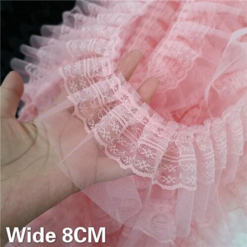 8CM Wide Double Layers Pink Mesh Embroidered Flower 3D Pleated Lace Fringe Ribbon Ruffle Trim DIY Garment Sewing Accessories