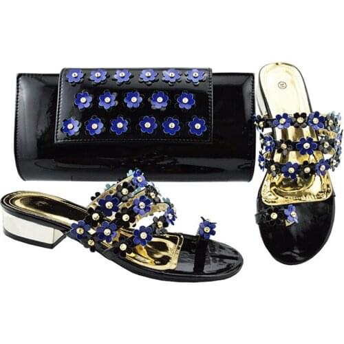 Hot sale white low heel 3CM sandals with crystal and flower decoration african shoes match handbag set for dress JZC006