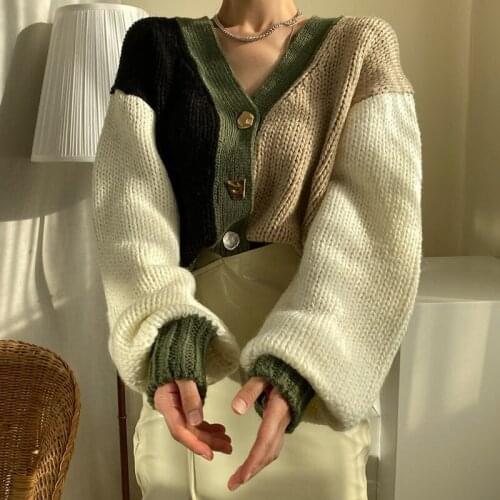 GUUZYUVIZ Autumn Winter Stitching Loose Short Lantern Sleeve Cardigan Knitted Sweater Casual Oversized