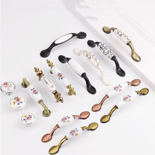 Retro Ceramic Door Handles European Antique Chinese style Furniture Handles Drawer Pulls Kitchen Cabinet Knobs and Handle