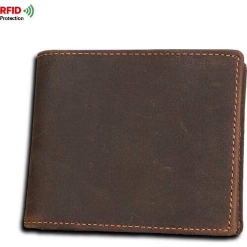 Mens Wallet Vintage RFID Blocking Crazy Horse Genuine Leather Short Wallets Leisure Bifold Purse Money Clip Card Photo Holder