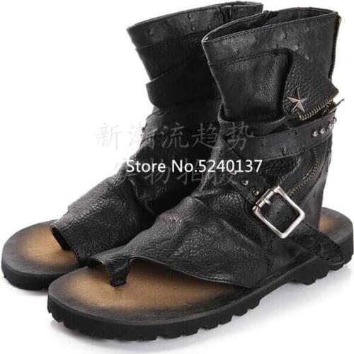 Summer Gladiator Rivets Black Leather Men Sandals Buckle Zip Flat Casual Beach Sandals Male