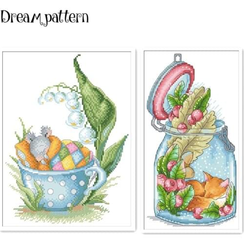 Sleeping in teacup cross stitch package cartoon moiuse fox 18ct 14ct 11ct cloth cotton thread embroidery DIY handmade needlework