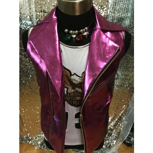 New Fashion Bright Mens Rose Leather Vest costumes Nightclub Male Singer Dancer Stage Costume Performance Ds Dj Outerwear