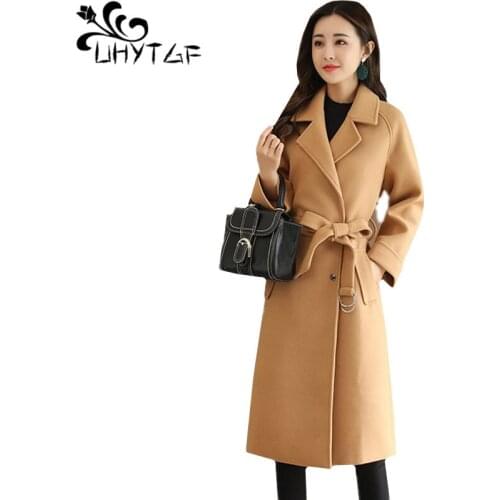 UHYTGF New Fashion Winter Coats Womens Long Windbreaker Outerwear Belt Cloak Type Plus size Jacket Autumn Coats High Quality 850