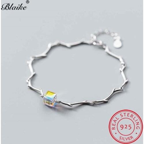 Charm Geometric Square Crystal Bracelets For Women Tree Branch Chain Bangles Engagement Bracelet s925 Sterling Silver Jewelry