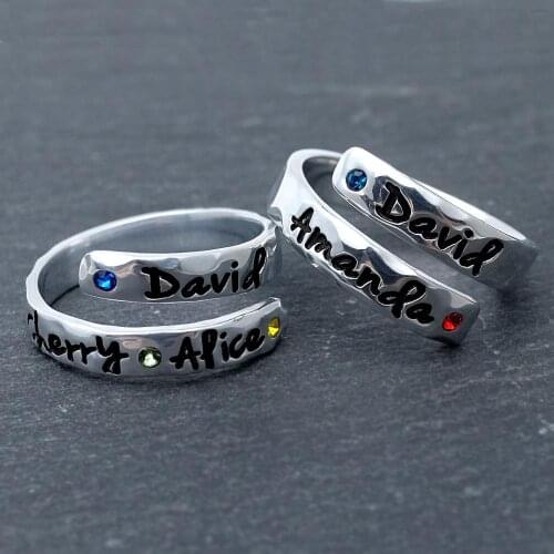Personalized Birthstone Wrap Ring,Engraved Wrap Ring with Names and Birthstones,Stacking Ring,Mothers Ring,Stamped Name Ring