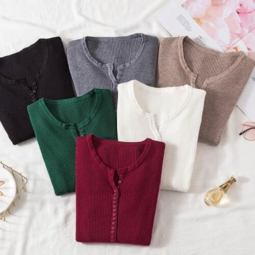 2020 Autumn Winter Button V Neck Sweater Women Basic Slim Pullover Women Sweaters And Pullovers Knit Jumper Ladies Tops