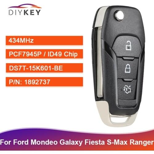 DIYKEY Folding Flip Remote Key Fob 3 Button 434MHz ID49 Chip for Ford KA Mondeo Escort 2014+ FCC: DS7T-15K601-BE P/N: 1892737