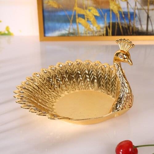 Luxury Metal Golden Peacock Shape Small Jewelry Dish Earrings Necklace Ring Storage Plates Fruit Dessert Display Bowl Decoration