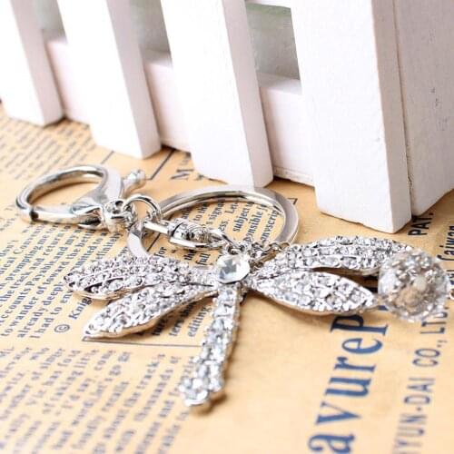 Dragonfly Angel Wing Bead Silver Lovely Pendent Rhinestone Crystal Purse Bag Car Key Ring Chain Best Jewelry Gift