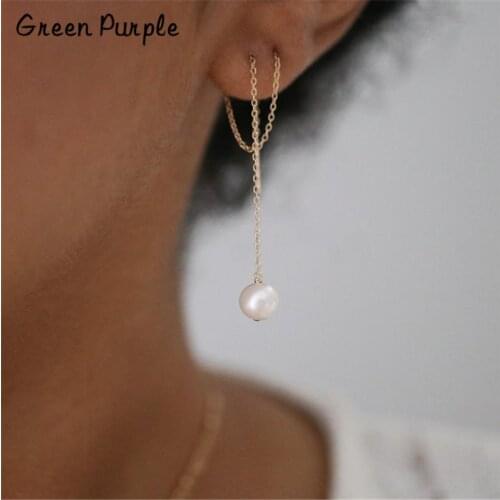 Double Hole Piercing Earrings Gold Wrap Threader Earrings Handmade Natural Pearl Jewelry Brincos Pendientes Oorbellen