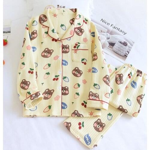 Cute bear Thicken Quilted 100% cotton scuba sleepwear women pajamas sets winter keep warm long-sleeved women pyjamas homewear