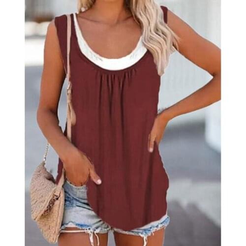 Womens T Shirt Casual Elegant Tank Tops Women Sleeveless Summer O-Neck T-shirts Fake 2-piece Loose Round Neck T-shirt