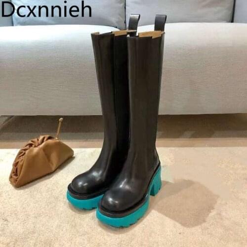 New Women Ankle Boots Thick Sole Chunky High Heel Chelsea Boots Ladies Slip-on Long Booties Round Toe Boots 2021 Autumn 7 cm