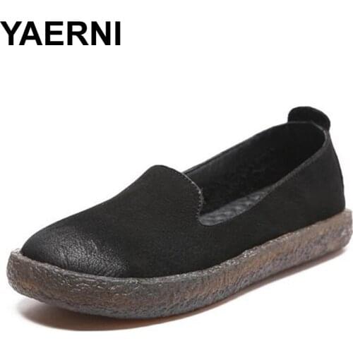 YAERNI 2017 vintage genuine leather women shoes autumn cow leather flats shoes for woman designer brand Flat with women shoes