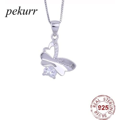 Pekurr 925 Sterling Silver Crystal Luck Letter Butterfly Necklaces For Women Zircon Luxury Butterfly Pendants Fashion Jewelry