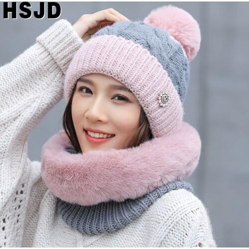 Winter Womens Double Color Knitted Hat And Thick Plush Scarf 2 Pieces Set Warm Pompom Beanies Hats Female Protect Neck Bonnet